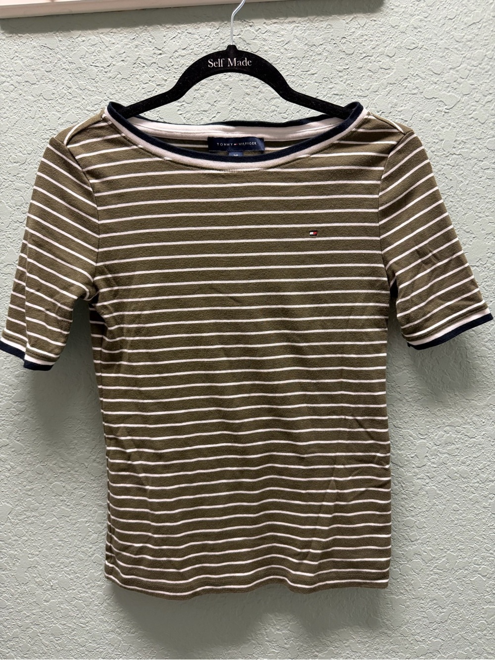 Tommy Hilfiger Olive & White Stripe Crew Tee with Navy Trim